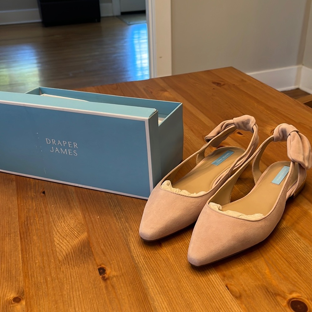Draper James soft pink suede sling backs.